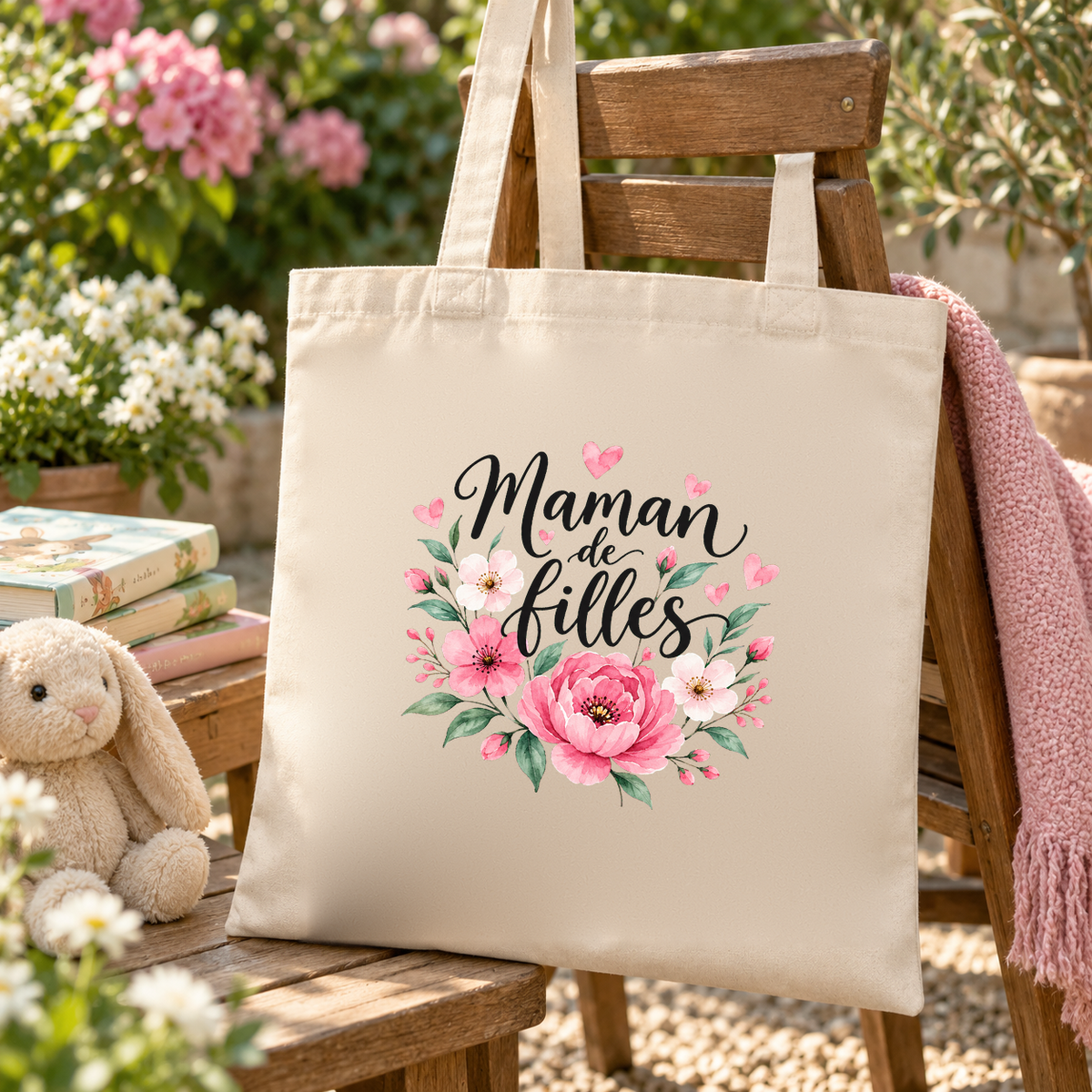 Tote bag maman « Maman de filles » Essentiel suspendu à une chaise de jardin, à côté d'un lapin en peluche et de livres