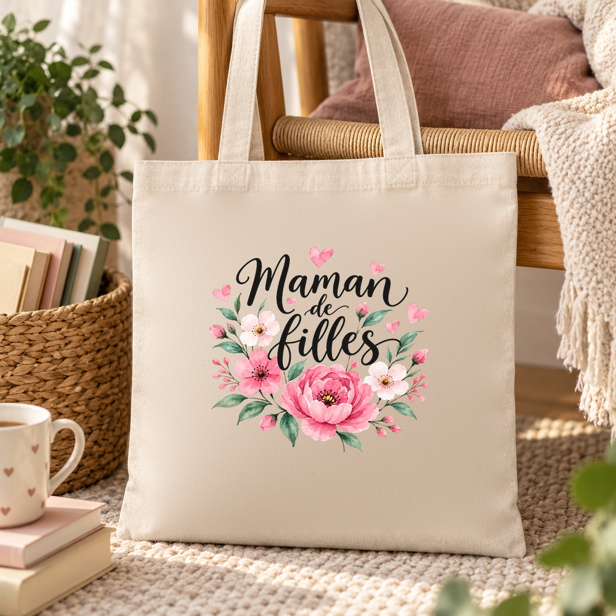 Tote bag maman « Maman de filles » Essentiel posé sur un fauteuil, à côté de livres et d'une tasse