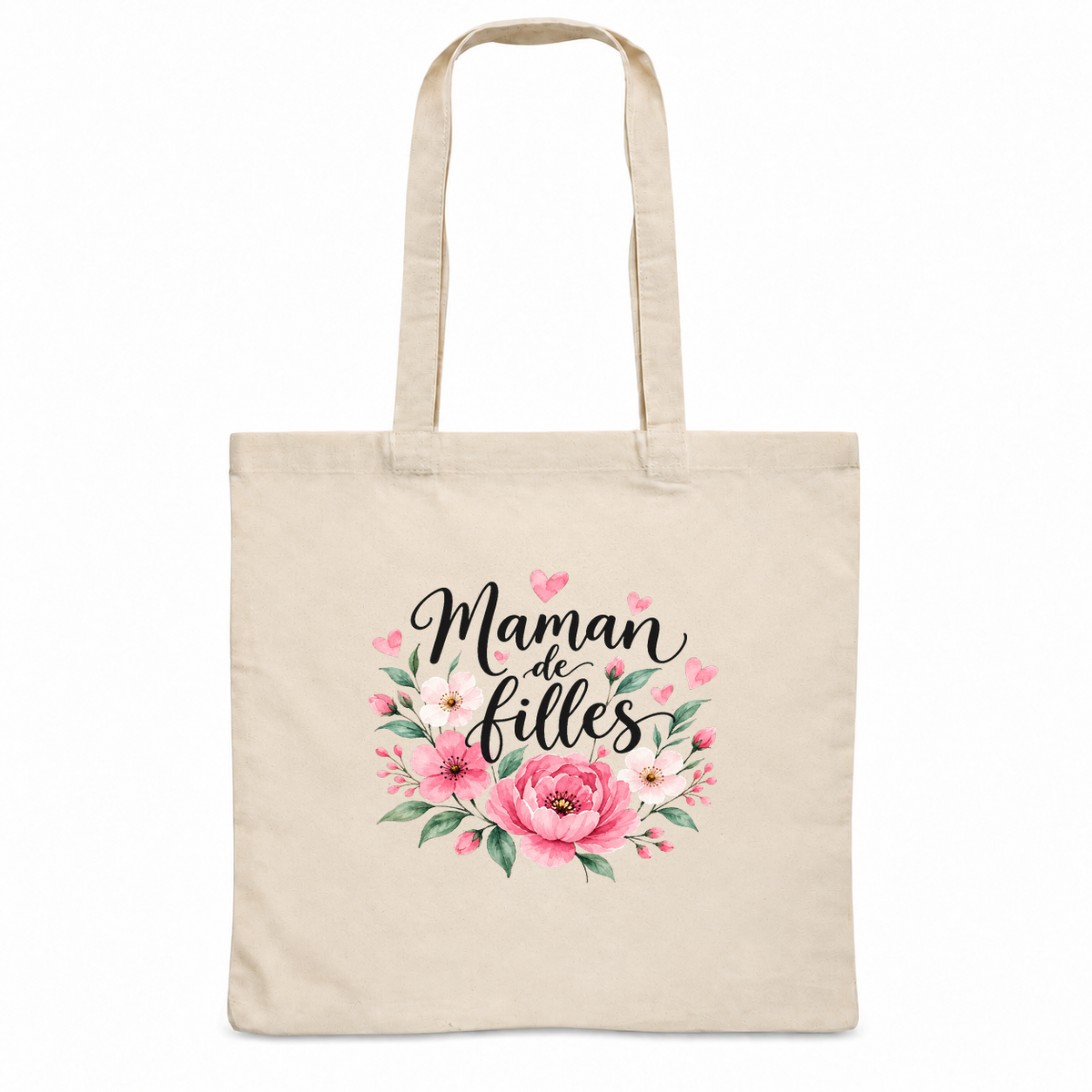 Tote bag maman « Maman de filles » Essentiel, sac plat en coton naturel 140 g/m² de 38 × 42 cm, illustration à l'aquarelle d'un bouquet de pivoines roses