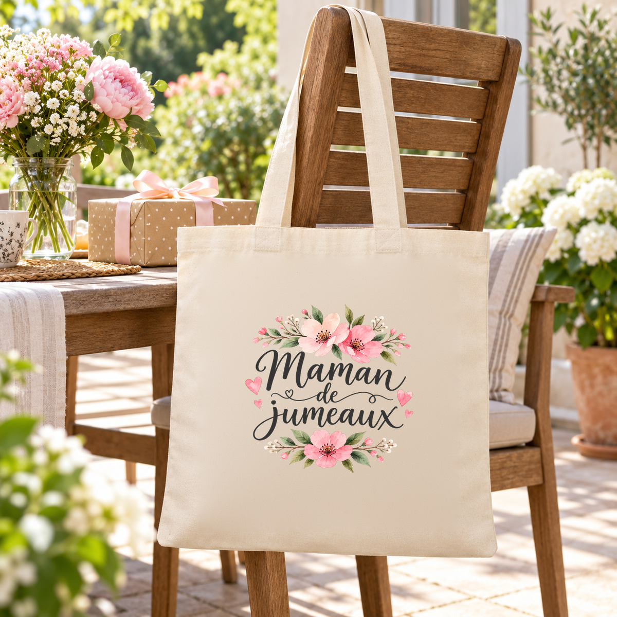 Tote bag maman de jumeaux « Maman de jumeaux » Essentiel suspendu à une chaise de terrasse en bois, à côté d'un bouquet