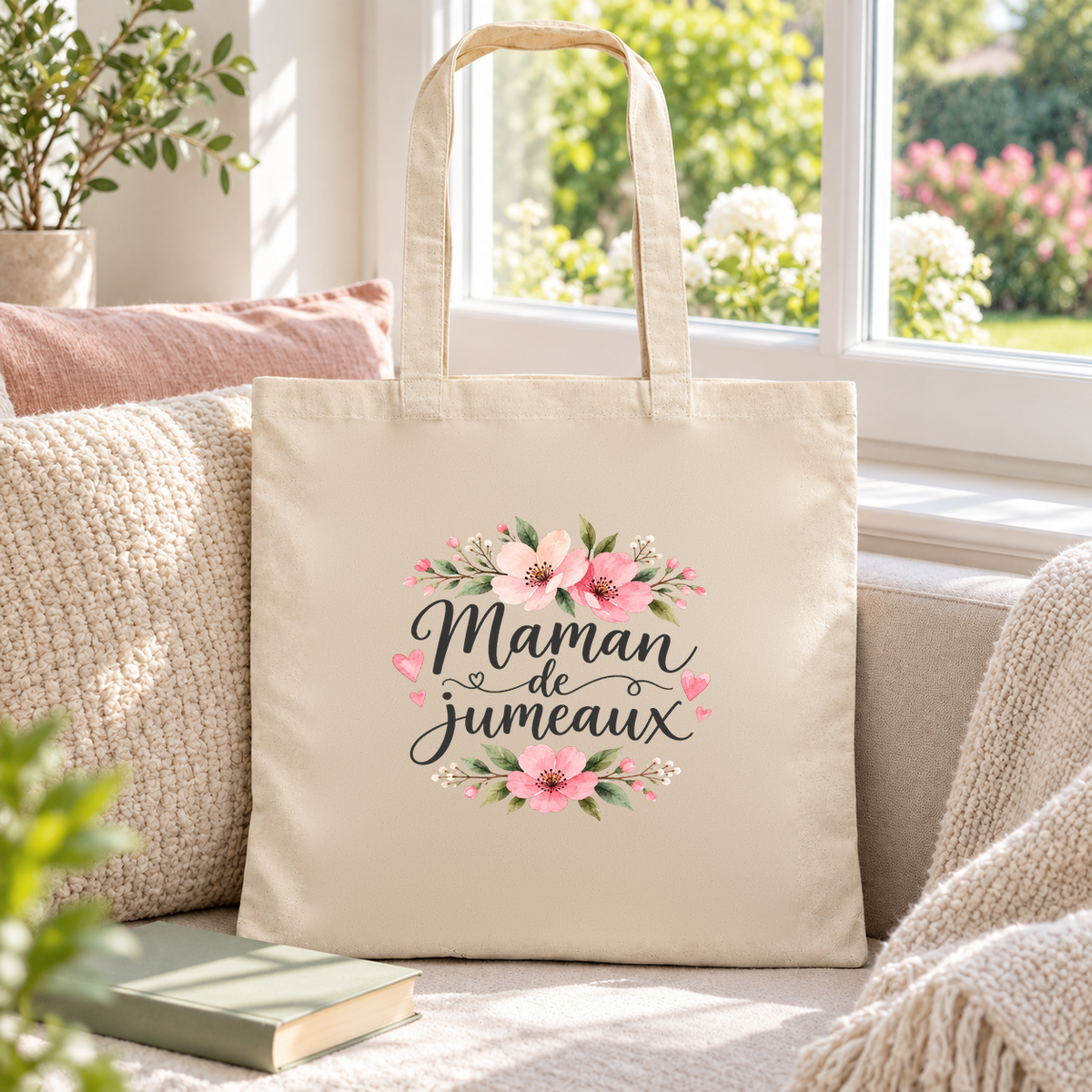 Tote bag maman de jumeaux « Maman de jumeaux » Essentiel posé sur une banquette près d'une fenêtre ouverte sur le jardin, à côté d'un livre