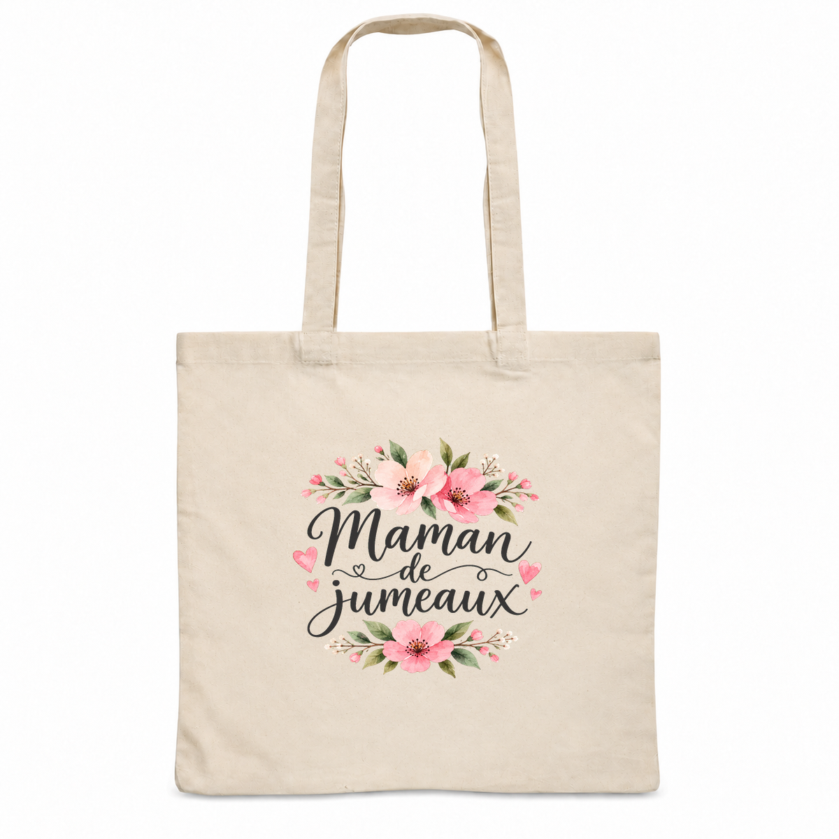 Tote bag maman de jumeaux « Maman de jumeaux » Essentiel, sac plat en coton naturel 140 g/m² de 38 × 42 cm, illustration à l'aquarelle de deux bouquets de fleurs roses