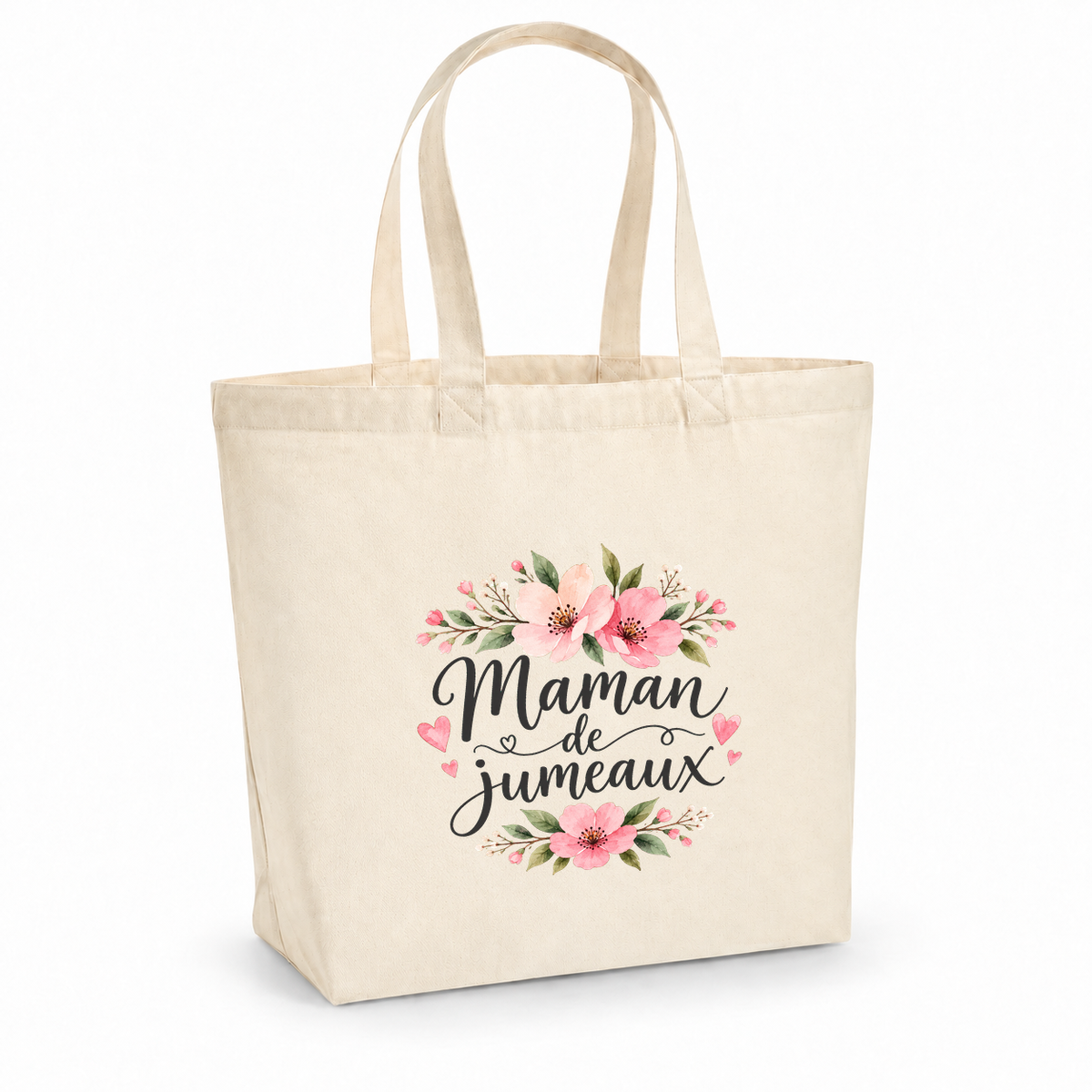 Tote bag maman de jumeaux « Maman de jumeaux » Premium, cabas à soufflet en coton naturel 200 g/m² de 18 litres, illustration à l'aquarelle de deux bouquets de fleurs roses