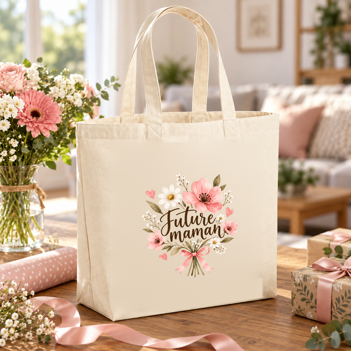 Tote bag future maman « Future maman » Premium posé sur une table en bois, entre papier cadeau, rubans et bouquet de fleurs