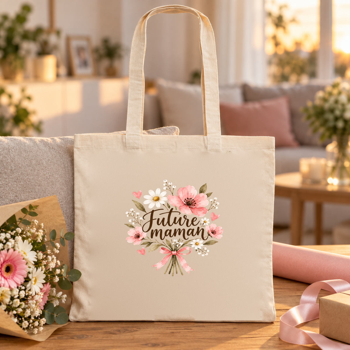 Tote bag future maman « Future maman » Essentiel posé sur une table de salon à la lumière du soir, à côté d'un cadeau emballé