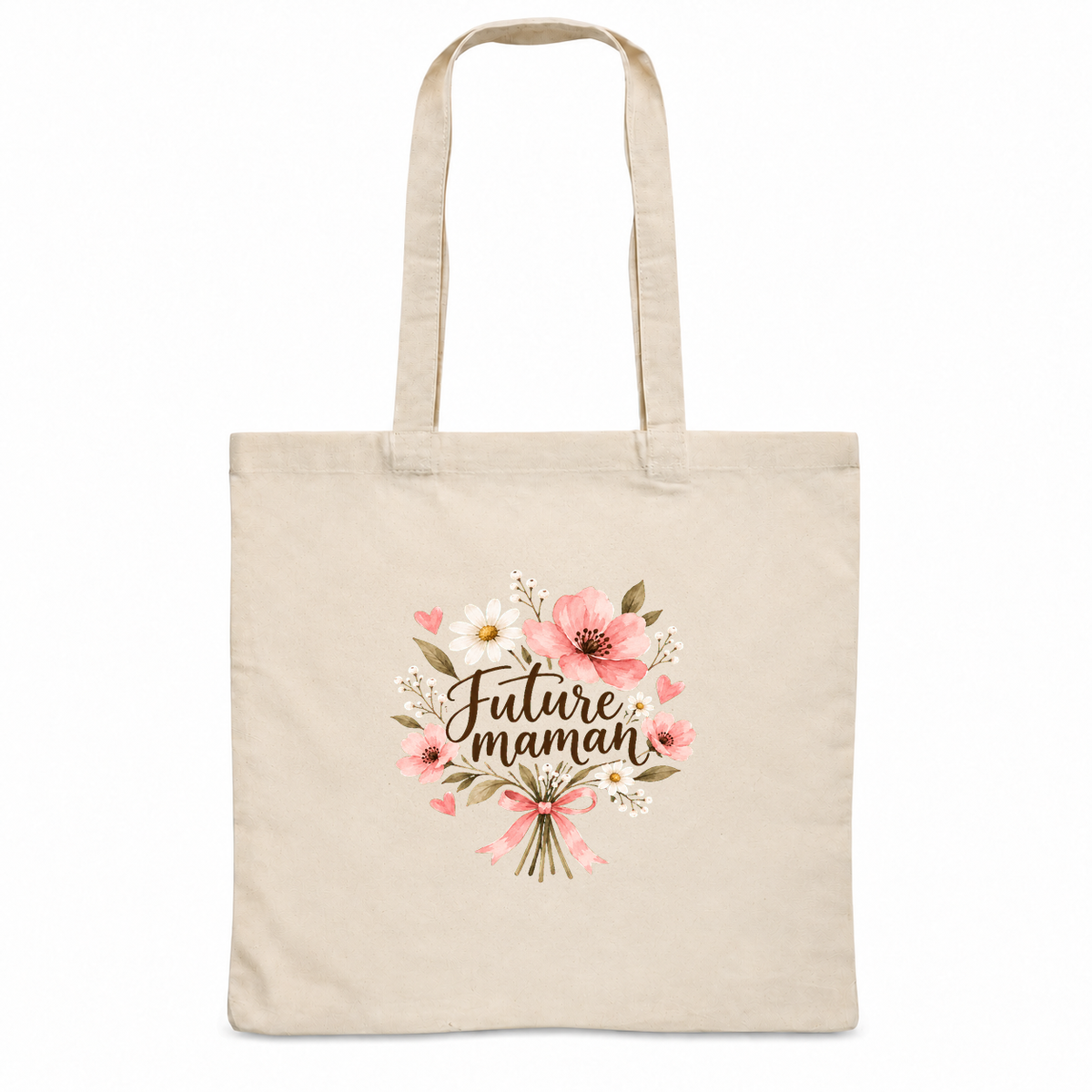 Tote bag future maman « Future maman » Essentiel, sac plat en coton naturel 140 g/m² de 38 × 42 cm, illustration à l'aquarelle d'un bouquet de fleurs roses noué d'un ruban
