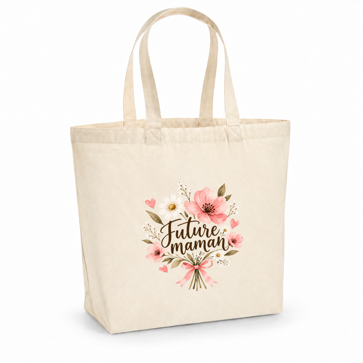 Tote bag future maman « Future maman » Premium, cabas à soufflet en coton naturel 200 g/m² de 18 litres, illustration à l'aquarelle d'un bouquet de fleurs roses noué d'un ruban