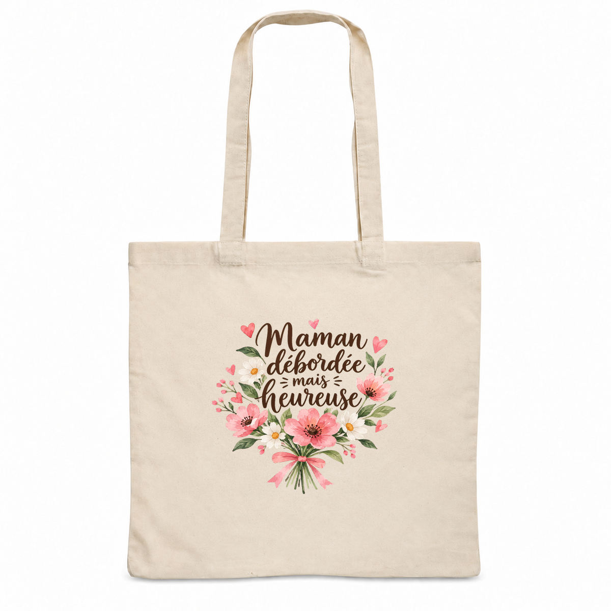 Tote bag maman « Maman débordée mais heureuse » Essentiel, sac plat en coton naturel 140 g/m² de 38 × 42 cm, illustration à l'aquarelle d'un bouquet de fleurs roses et blanches