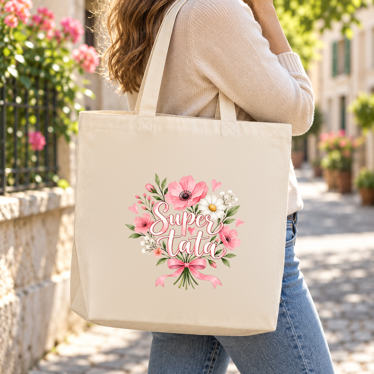 Tote bag tata « Super tata » Premium porté à l'épaule dans une ruelle fleurie