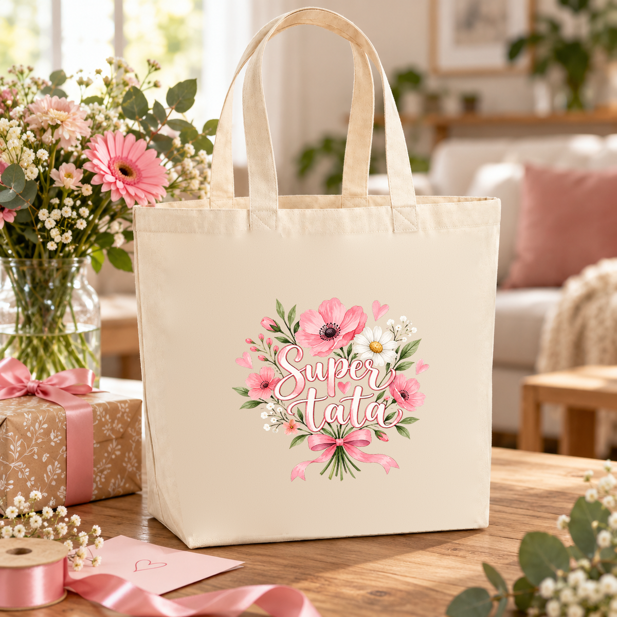 Tote bag tata « Super tata » Premium posé sur une table, à côté d'un bouquet et d'un cadeau noué de rose