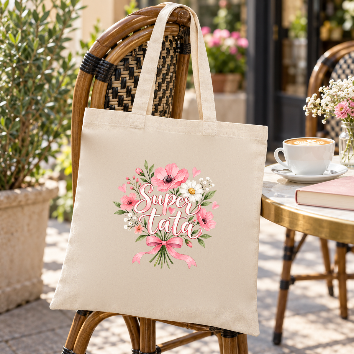 Tote bag tata « Super tata » Essentiel suspendu à une chaise de terrasse en rotin, à côté d'une tasse de café