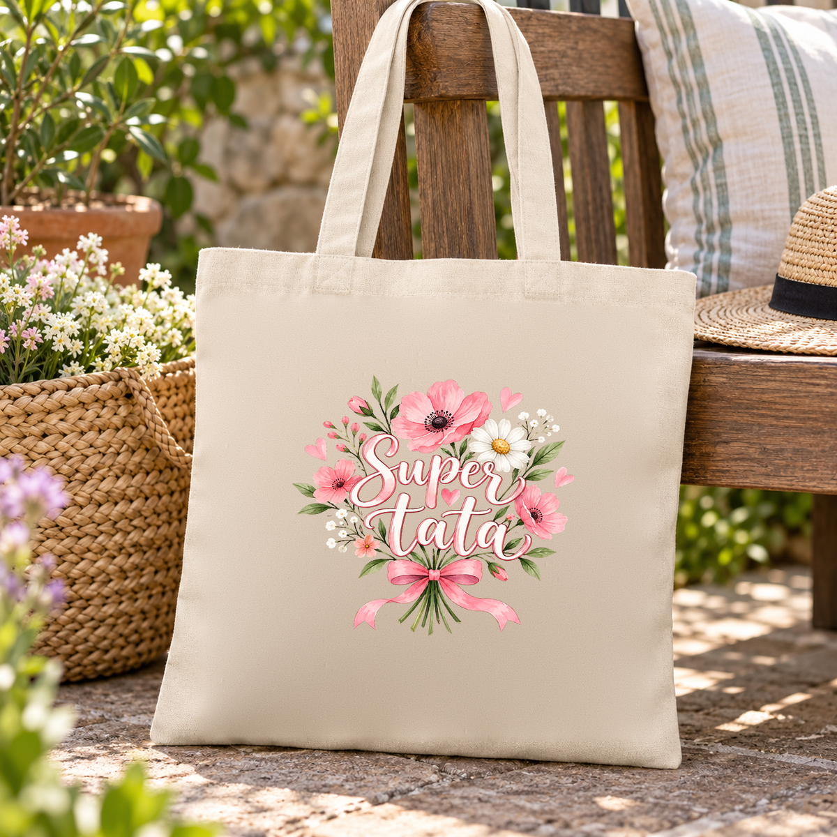 Tote bag tata « Super tata » Essentiel posé sur une chaise, à côté d'un panier en osier et d'un chapeau de paille