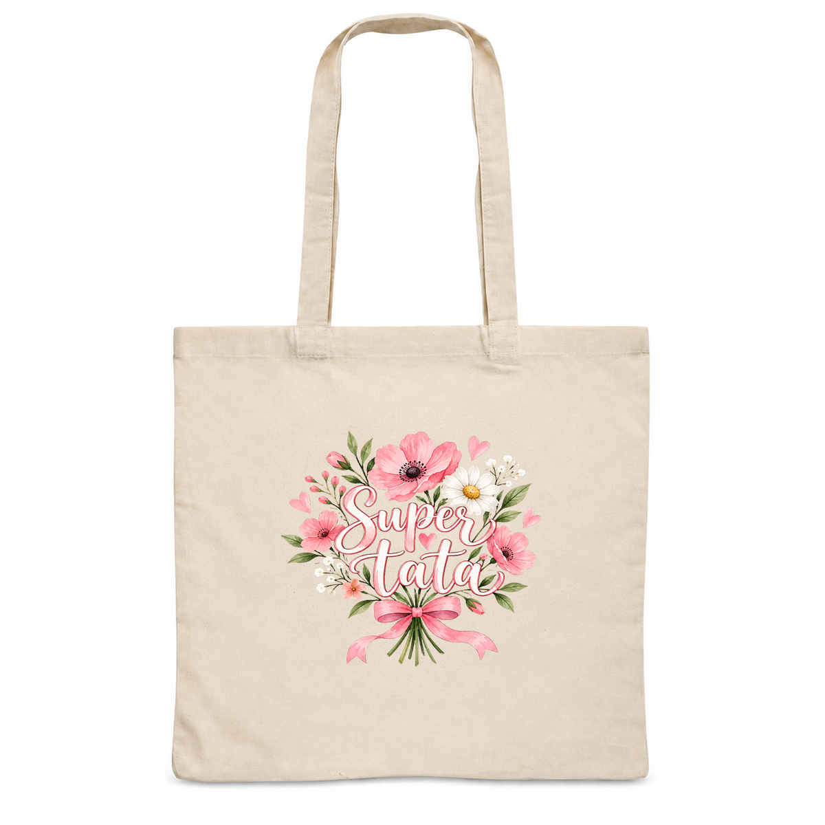 Tote bag tata « Super tata » Essentiel, sac plat en coton naturel 140 g/m² de 38 × 42 cm, illustration à l'aquarelle d'un bouquet d'anémones roses noué d'un ruban