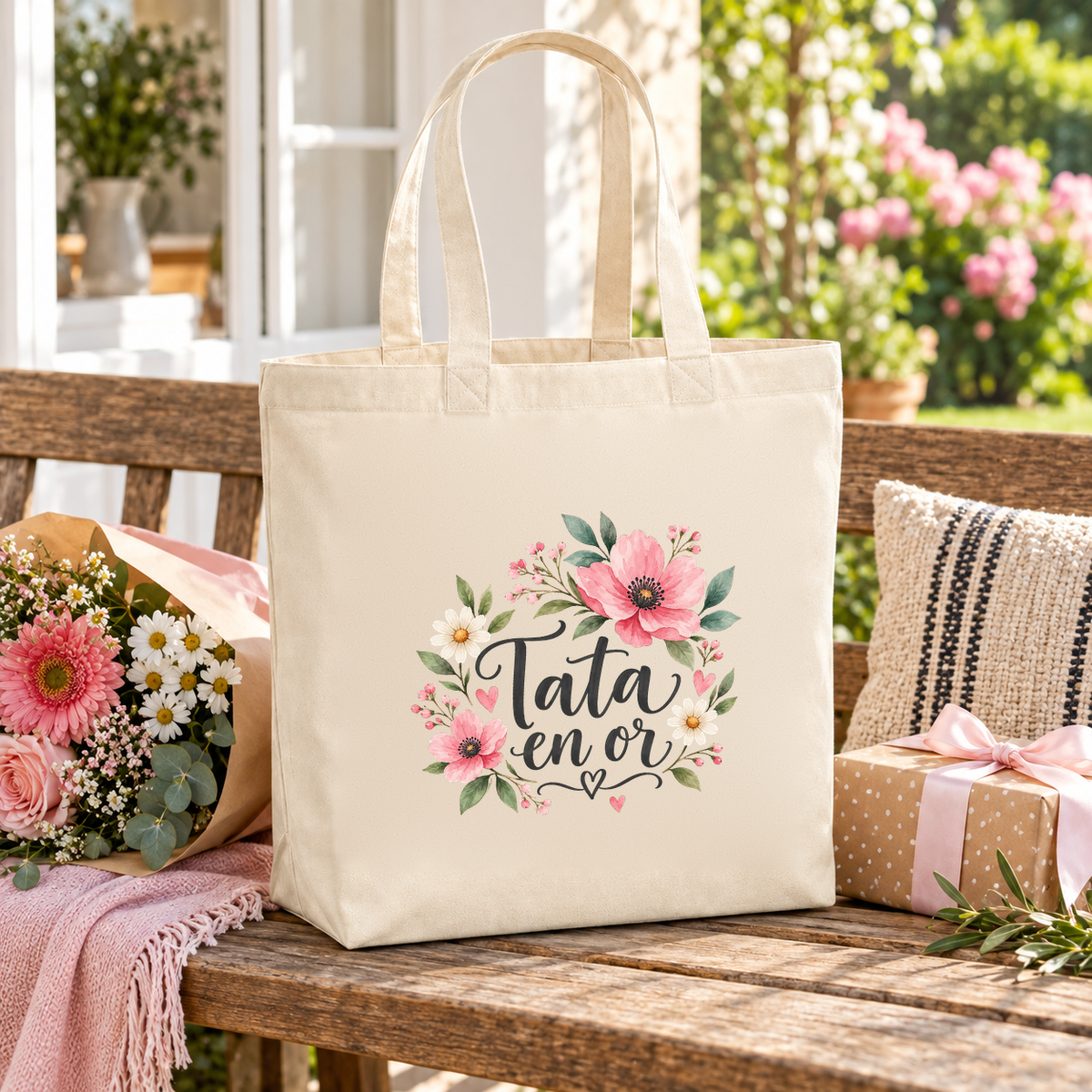 Tote bag tata « Tata en or » Premium posé sur une table de jardin, à côté d'un bouquet de fleurs et d'un cadeau
