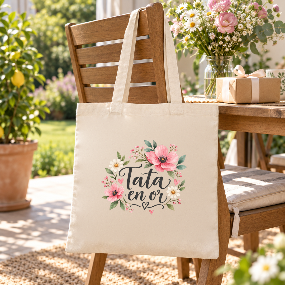 Tote bag tata « Tata en or » Essentiel suspendu à une chaise de terrasse en bois, à côté d'un bouquet