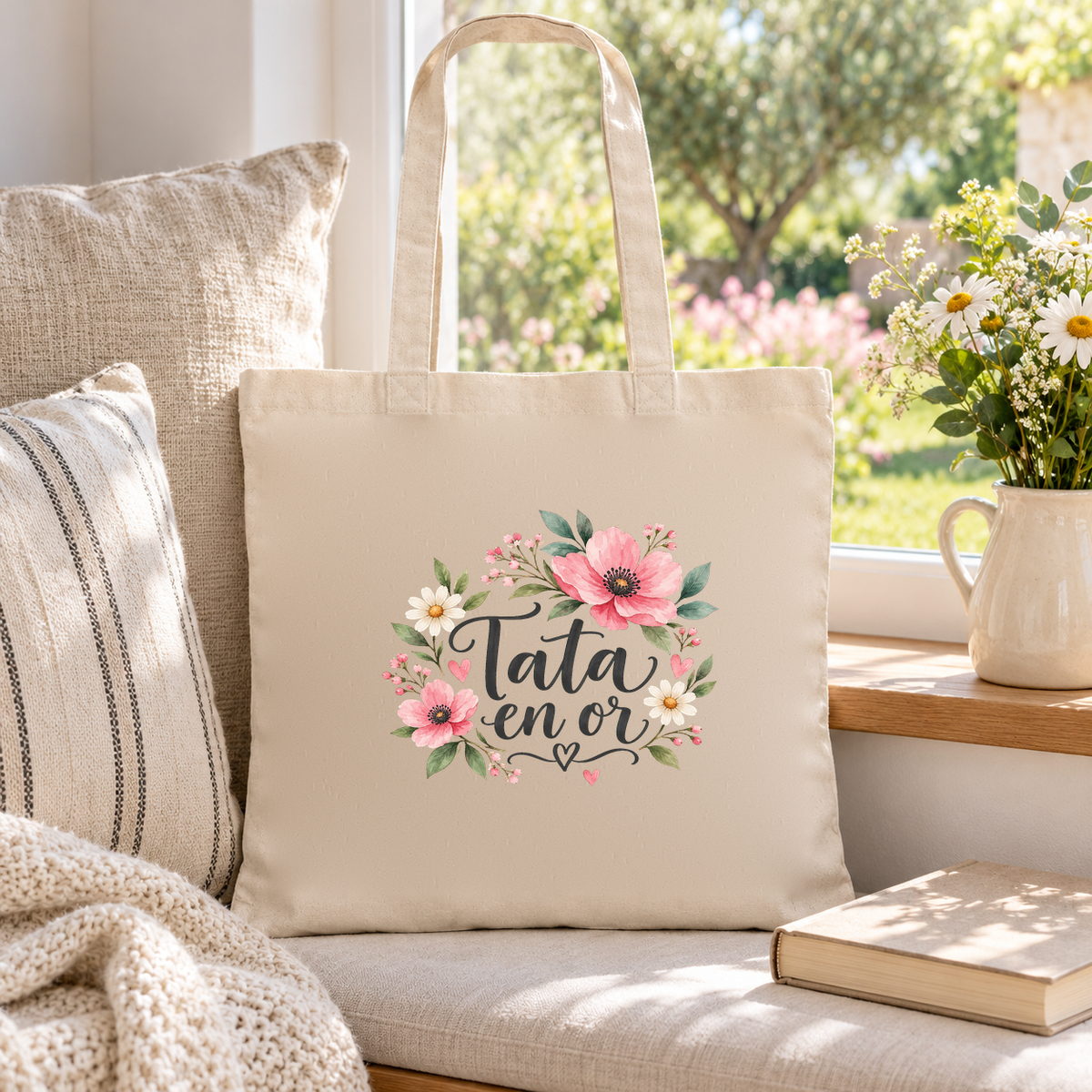 Tote bag tata « Tata en or » Essentiel posé sur une banquette près d'une fenêtre ouverte sur le jardin, à côté d'un livre