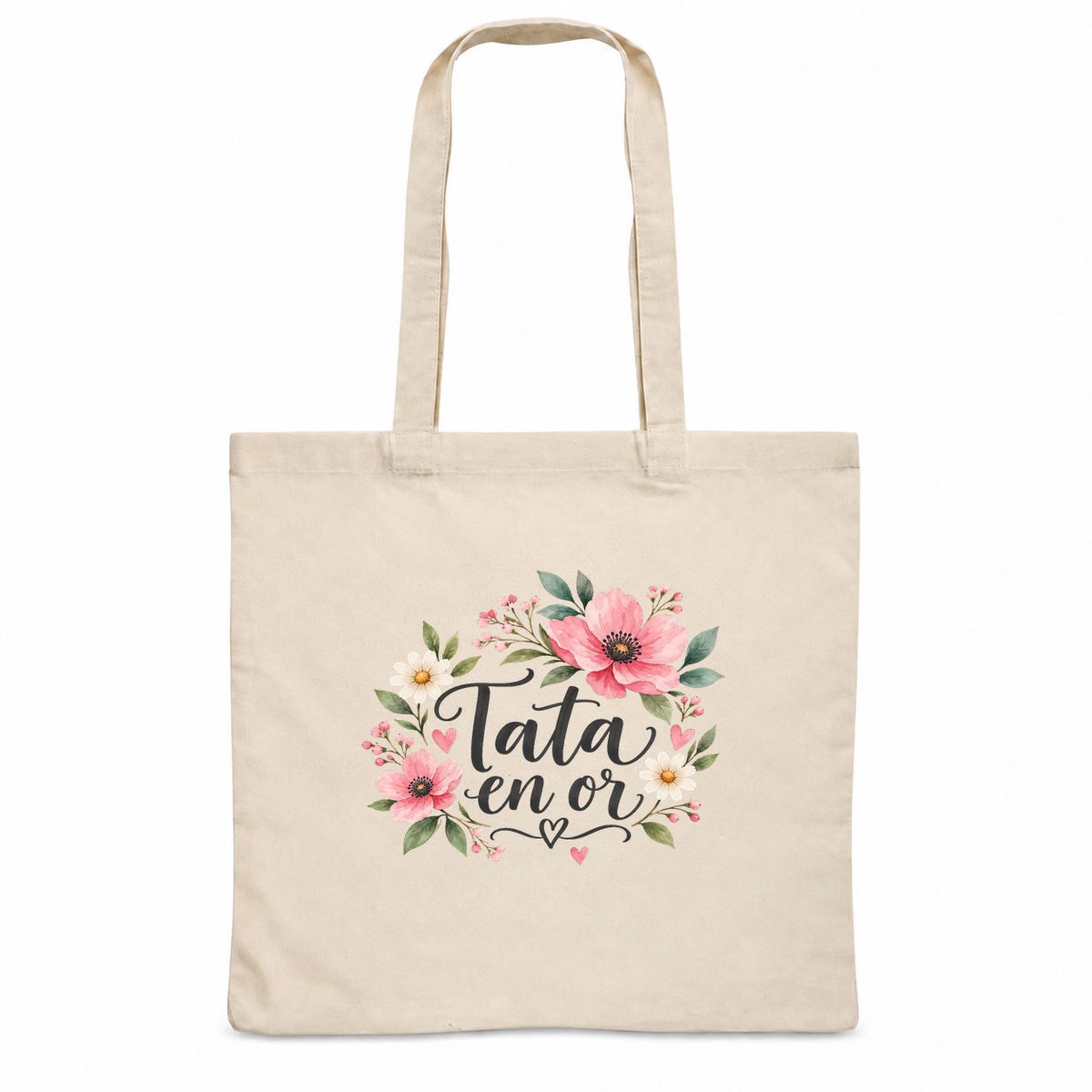 Tote bag tata « Tata en or » Essentiel, sac plat en coton naturel 140 g/m² de 38 × 42 cm, illustration à l'aquarelle d'une couronne de fleurs roses et de marguerites