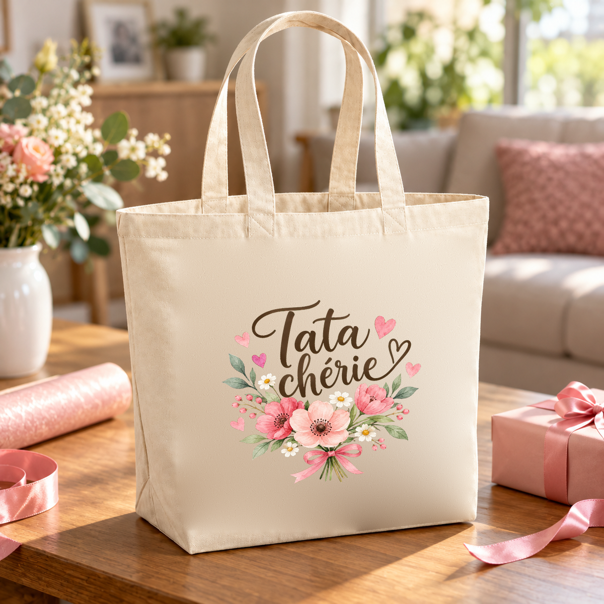 Tote bag tata « Tata chérie » Premium posé sur une table en bois, entre papier cadeau, rubans et bouquet de fleurs