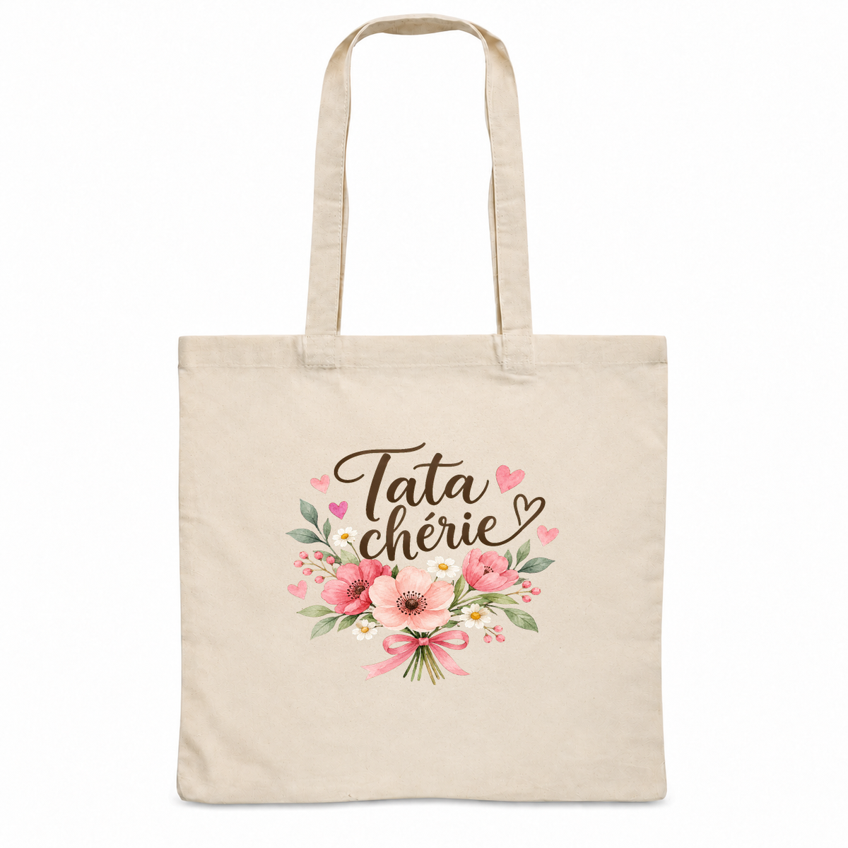 Tote bag tata « Tata chérie » Essentiel, sac plat en coton naturel 140 g/m² de 38 × 42 cm, illustration à l'aquarelle d'un bouquet de fleurs roses noué d'un ruban
