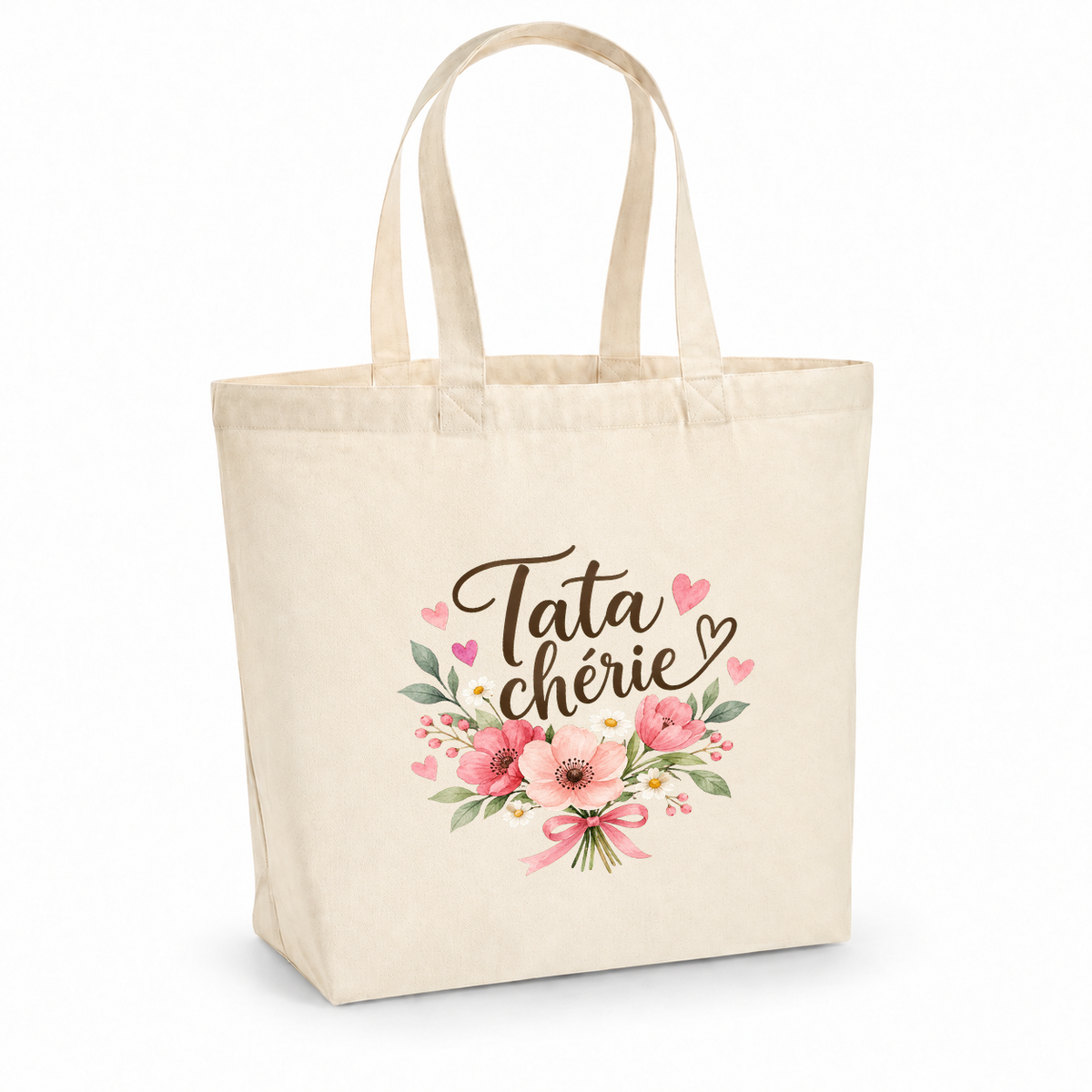 Tote bag tata « Tata chérie » Premium, cabas à soufflet en coton naturel 200 g/m² de 18 litres, illustration à l'aquarelle d'un bouquet de fleurs roses noué d'un ruban
