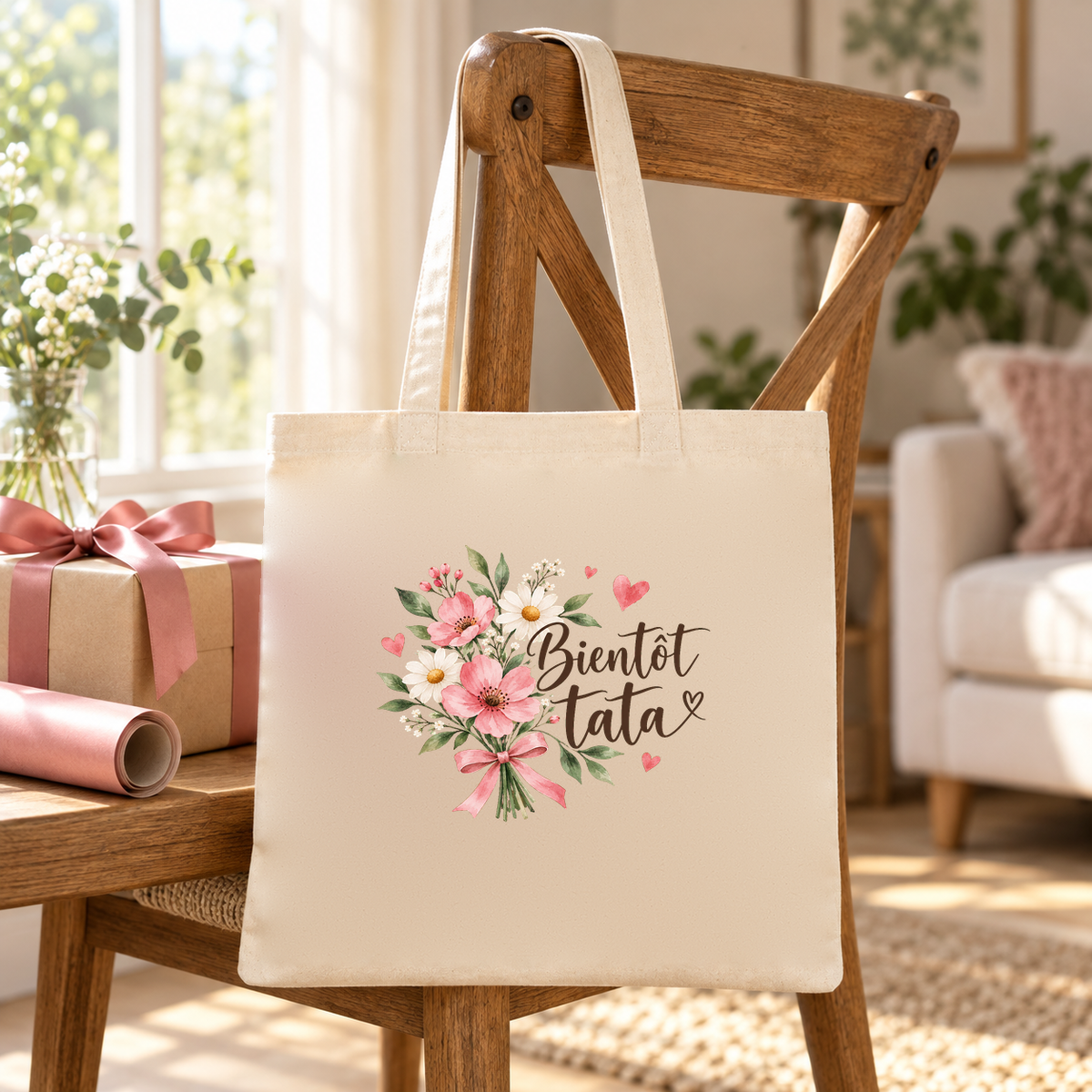 Tote bag tata « Bientôt tata » Essentiel suspendu à une chaise, à côté de cadeaux emballés