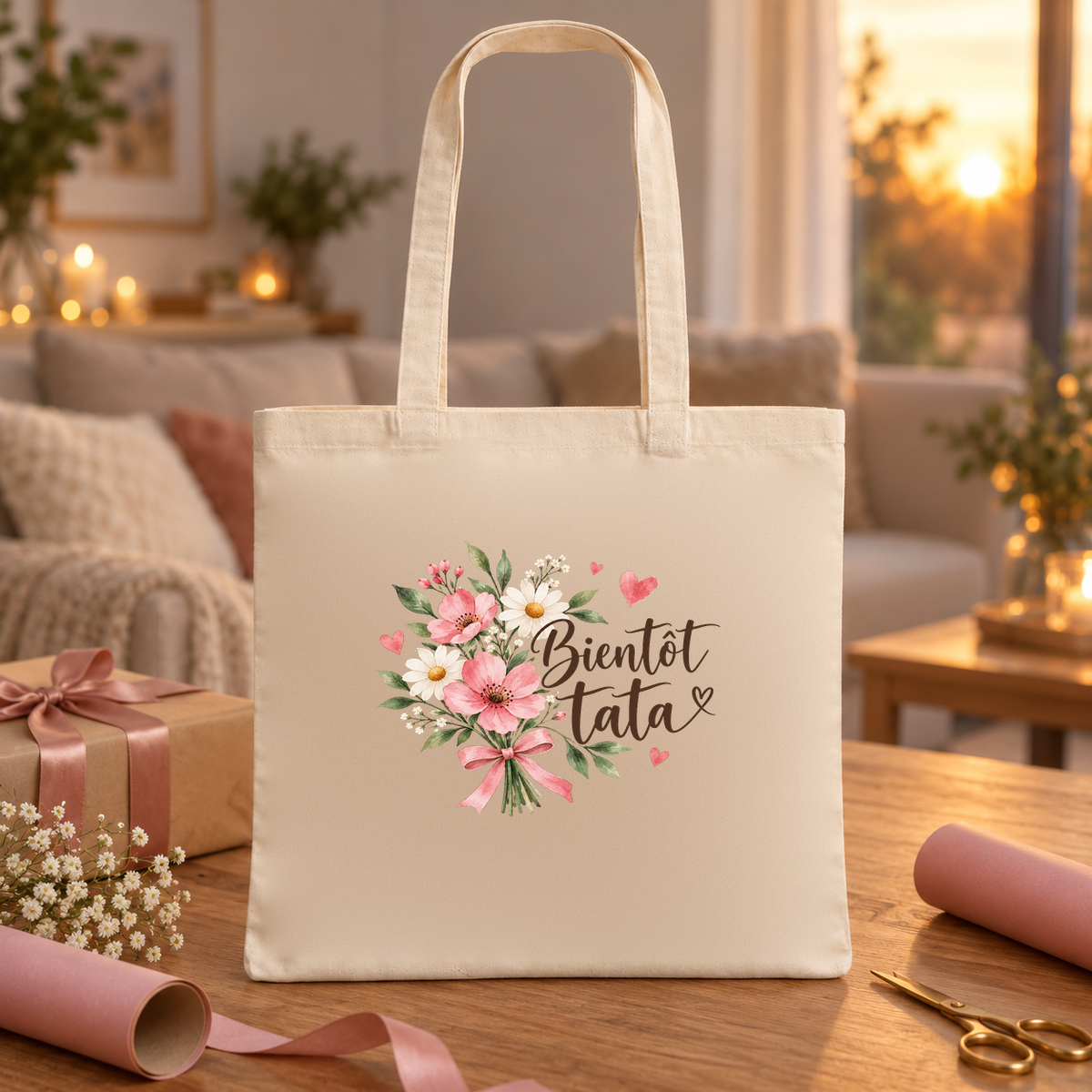 Tote bag tata « Bientôt tata » Essentiel posé sur une table à côté de cadeaux et de bougies