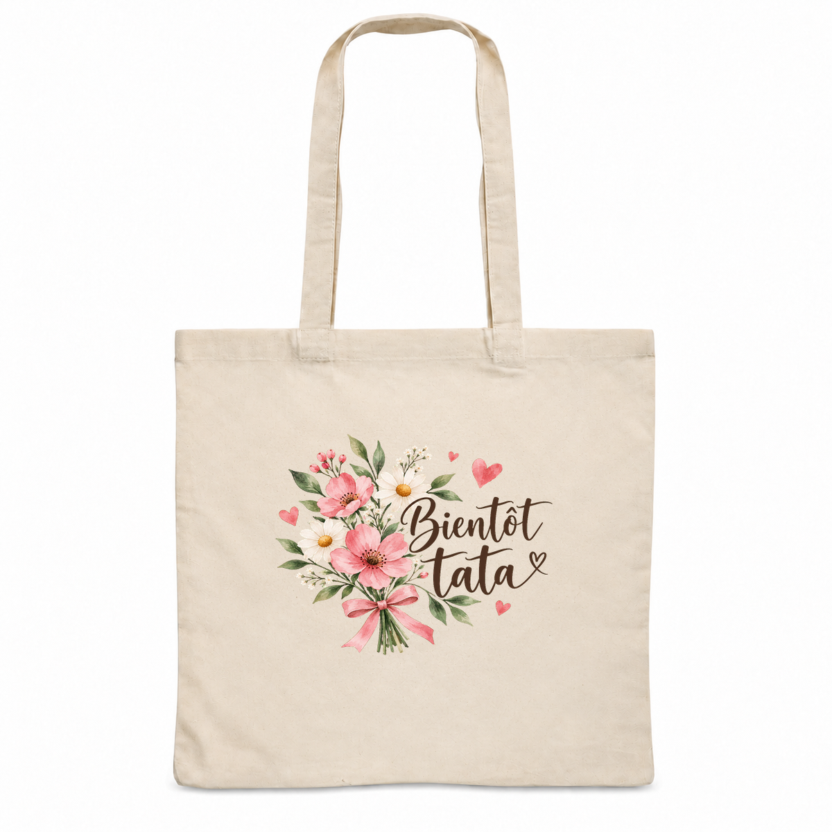 Tote bag tata « Bientôt tata » Essentiel, sac plat en coton naturel 140 g/m² de 38 × 42 cm, illustration à l'aquarelle d'un bouquet d'anémones roses noué d'un ruban rose