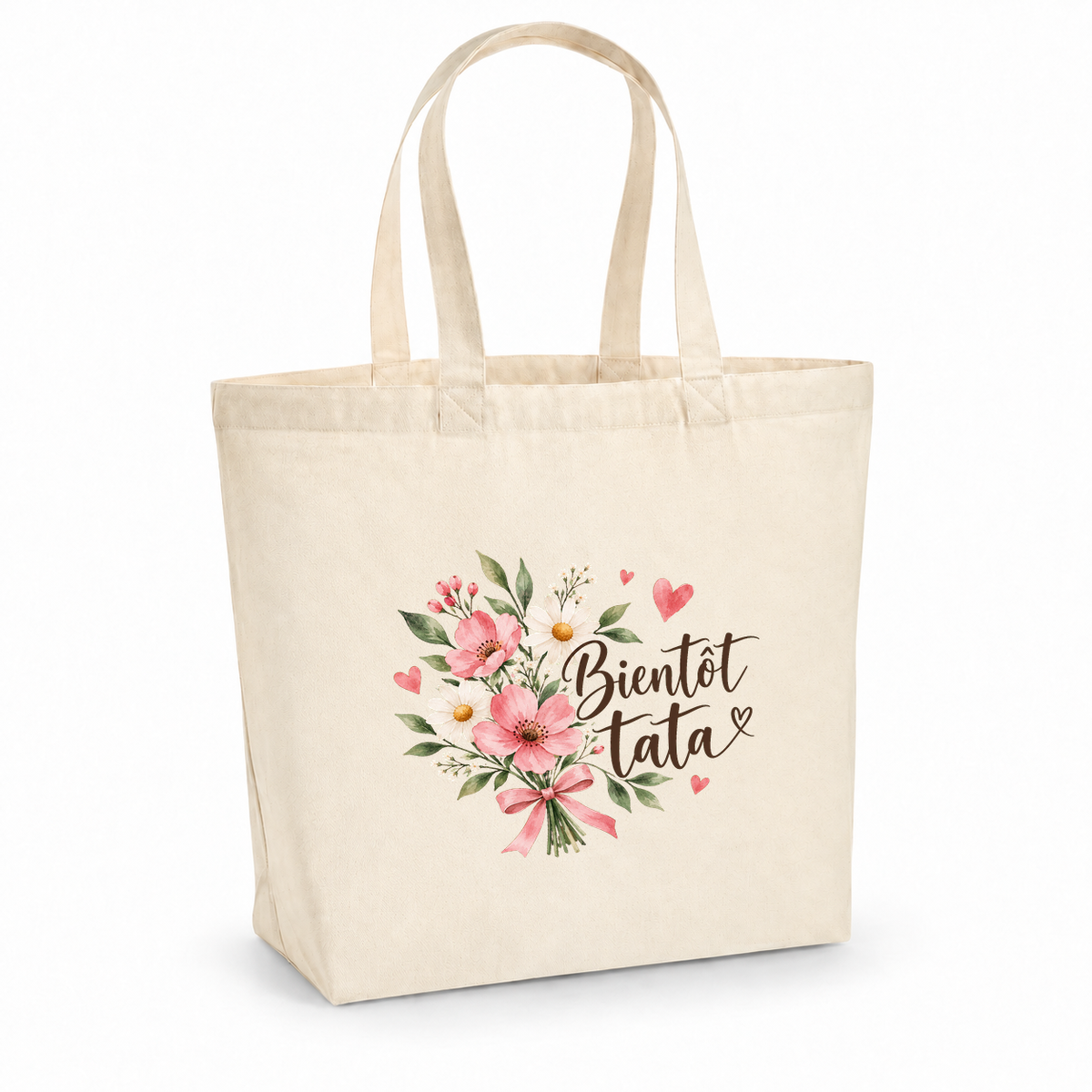 Tote bag tata « Bientôt tata » Premium, cabas à soufflet en coton naturel 200 g/m² de 18 litres, illustration à l'aquarelle d'un bouquet d'anémones roses noué d'un ruban rose
