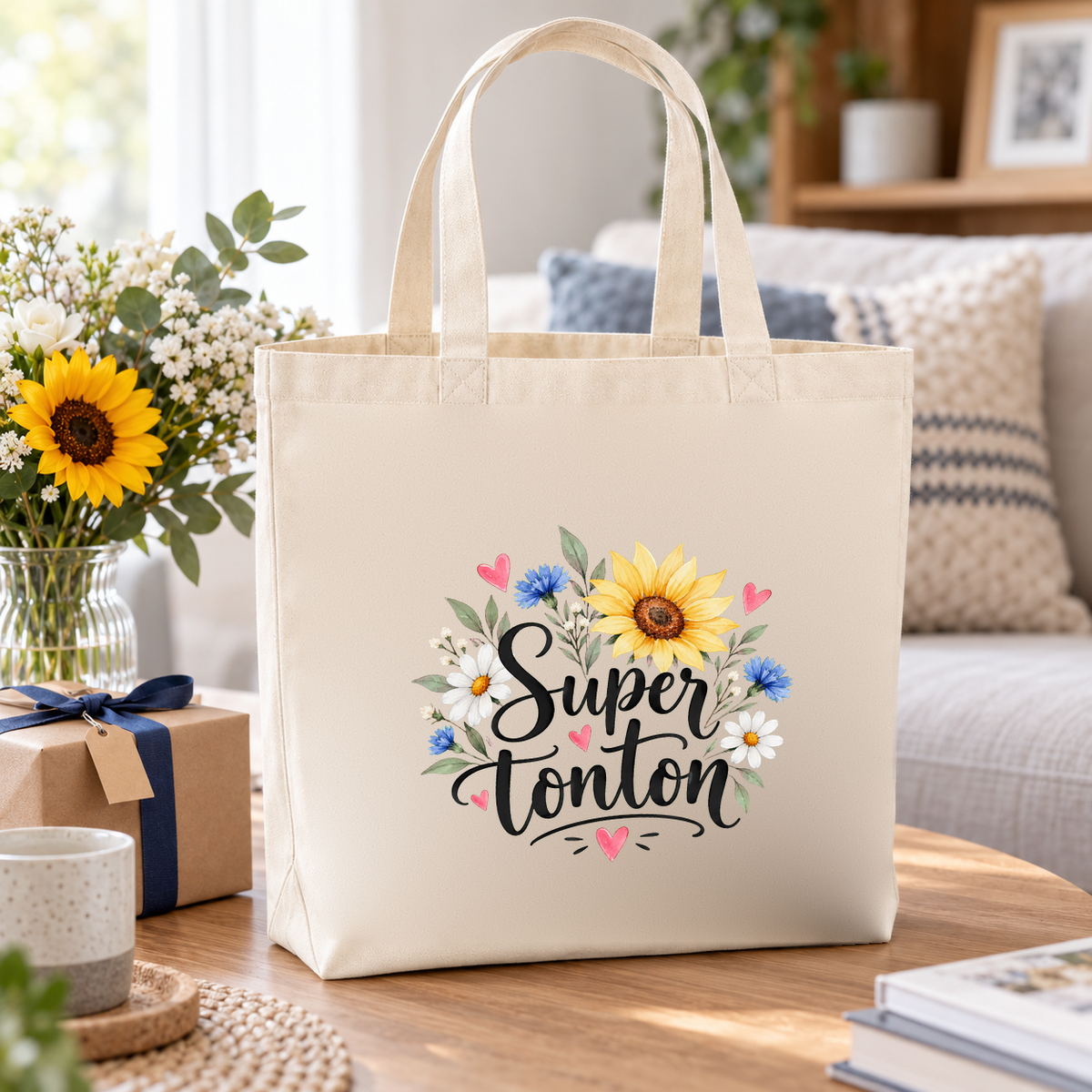 Tote bag tonton « Super tonton » Premium posé sur une table de salon, à côté d'un bouquet de tournesols et d'un cadeau
