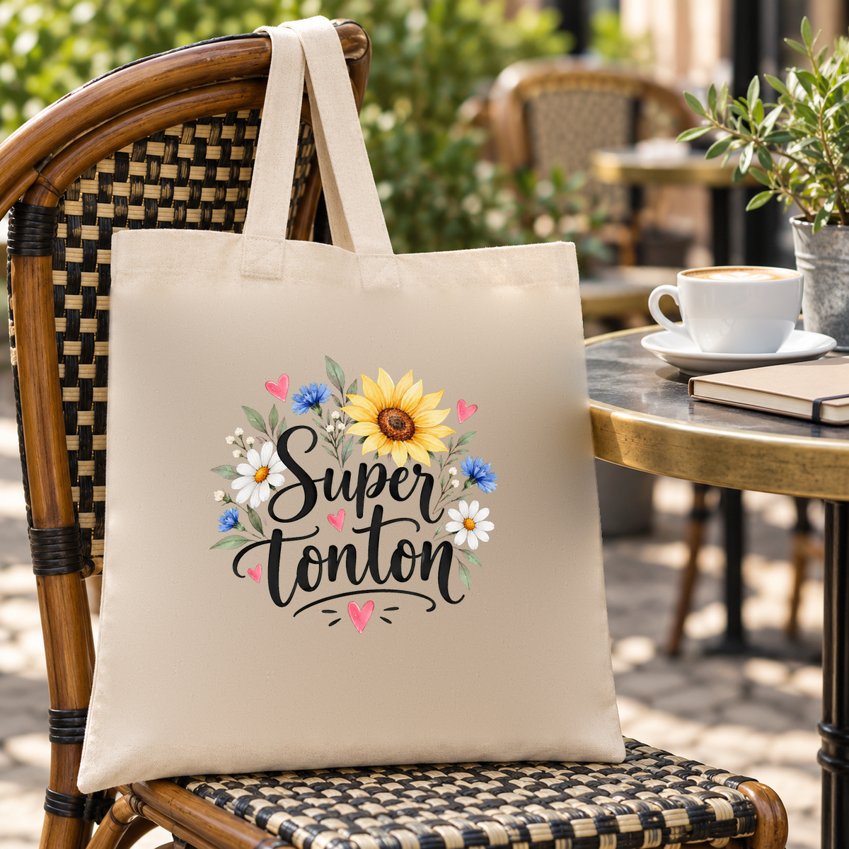 Tote bag tonton « Super tonton » Essentiel suspendu à une chaise de terrasse en rotin, à côté d'une tasse de café et d'un carnet