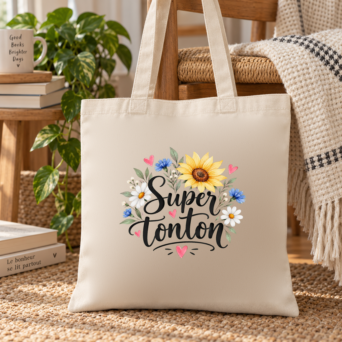 Tote bag tonton « Super tonton » Essentiel posé contre une chaise dans un coin lecture, à côté d'un plaid et d'une plante