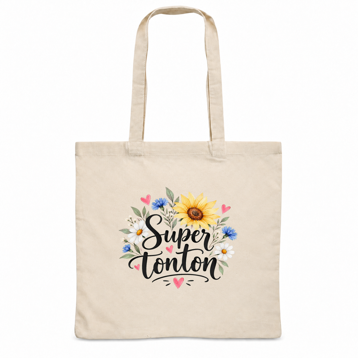 Tote bag tonton « Super tonton » Essentiel, sac plat en coton naturel 140 g/m² de 38 × 42 cm, illustration à l'aquarelle d'un bouquet de tournesols, de bleuets et de marguerites