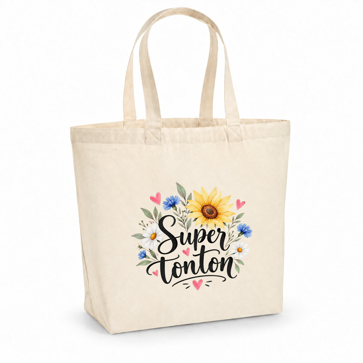 Tote bag tonton « Super tonton » Premium, cabas à soufflet en coton naturel 200 g/m² de 18 litres, illustration à l'aquarelle d'un bouquet de tournesols, de bleuets et de marguerites