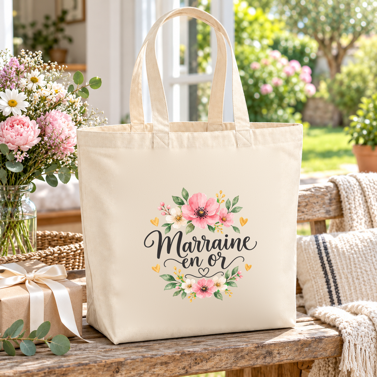 Tote bag marraine « Marraine en or » Premium posé sur une table de jardin, à côté d'un bouquet de fleurs et d'un cadeau