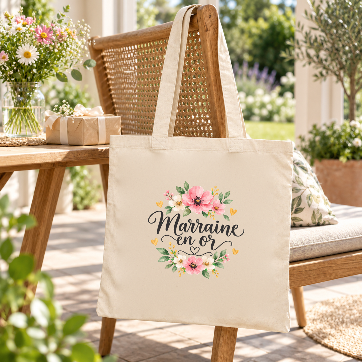 Tote bag marraine « Marraine en or » Essentiel suspendu à une chaise de terrasse en bois, à côté d'un bouquet