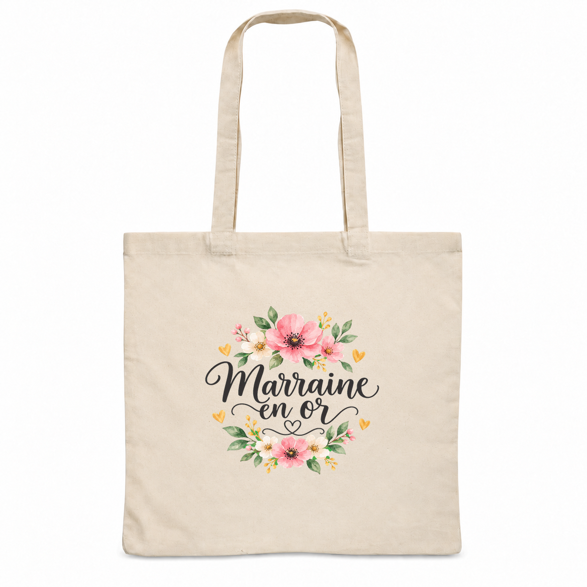 Tote bag marraine « Marraine en or » Essentiel, sac plat en coton naturel 140 g/m² de 38 × 42 cm, illustration à l'aquarelle d'une couronne de fleurs roses et de petits cœurs dorés