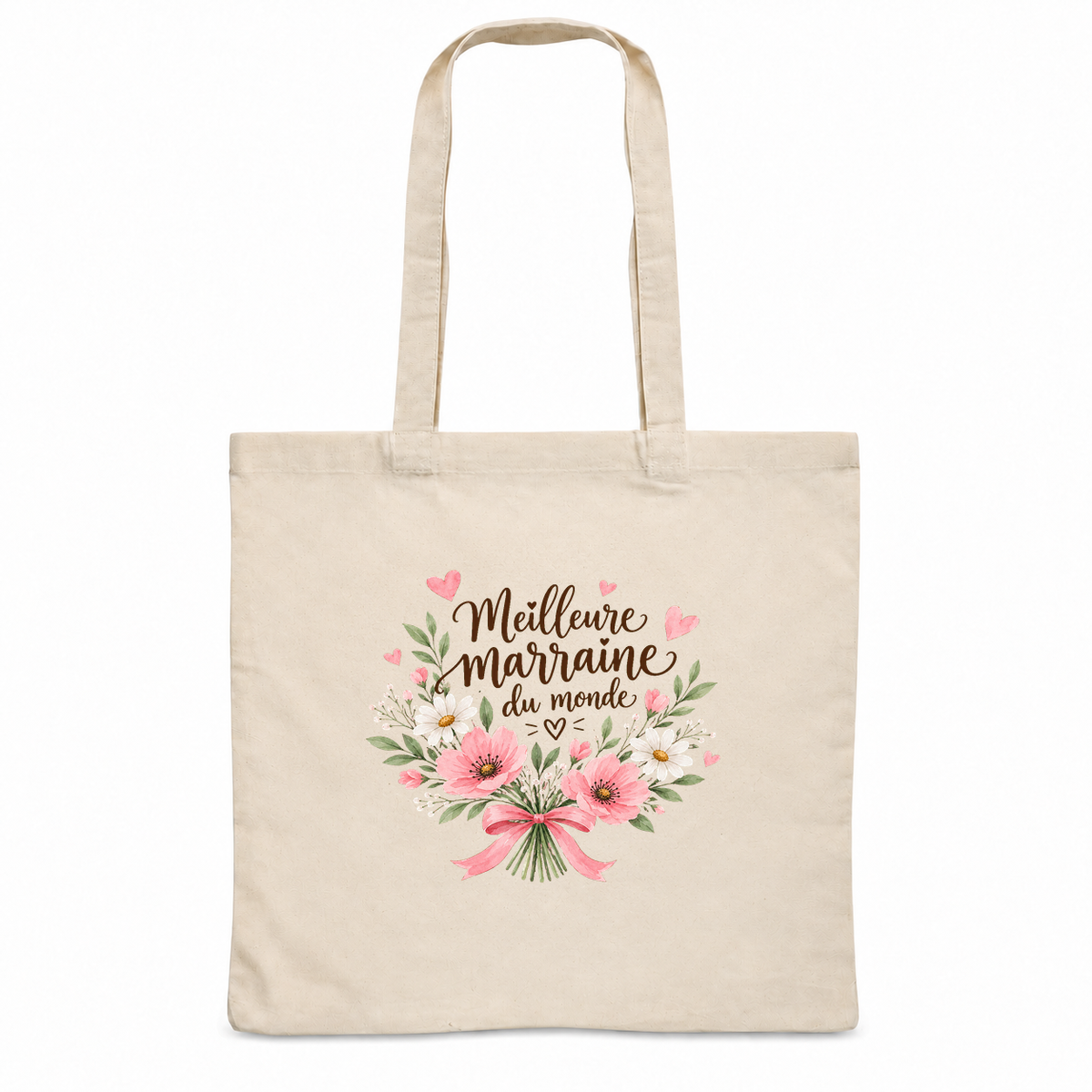 Tote bag marraine « Meilleure marraine du monde » Essentiel, sac plat en coton naturel 140 g/m² de 38 × 42 cm, illustration à l'aquarelle d'un bouquet de fleurs roses noué d'un ruban