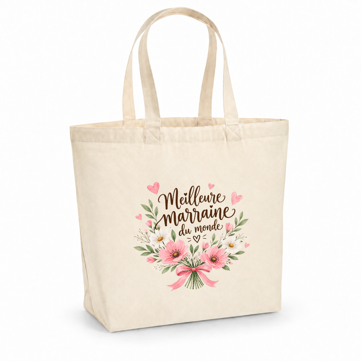 Tote bag marraine « Meilleure marraine du monde » Premium, cabas à soufflet en coton naturel 200 g/m² de 18 litres, illustration à l'aquarelle d'un bouquet de fleurs roses noué d'un ruban