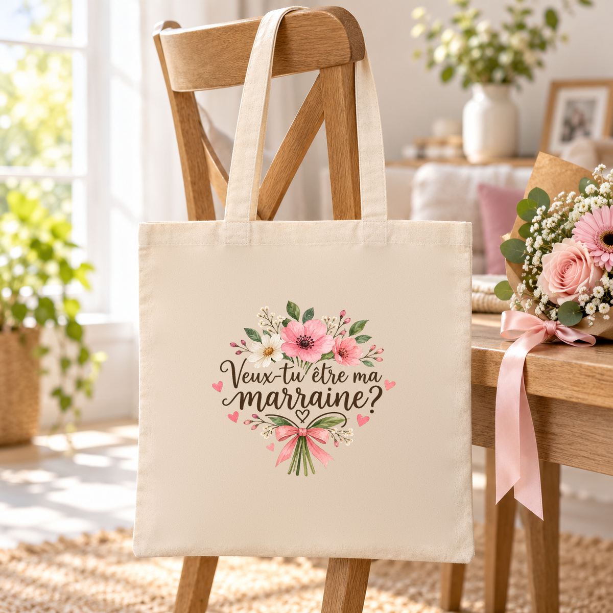 Tote bag marraine « Veux-tu être ma marraine ? » Essentiel suspendu à une chaise, à côté d'un bouquet de roses