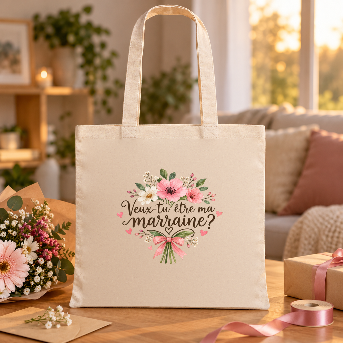 Tote bag marraine « Veux-tu être ma marraine ? » Essentiel posé sur une table à côté de cadeaux et de rubans