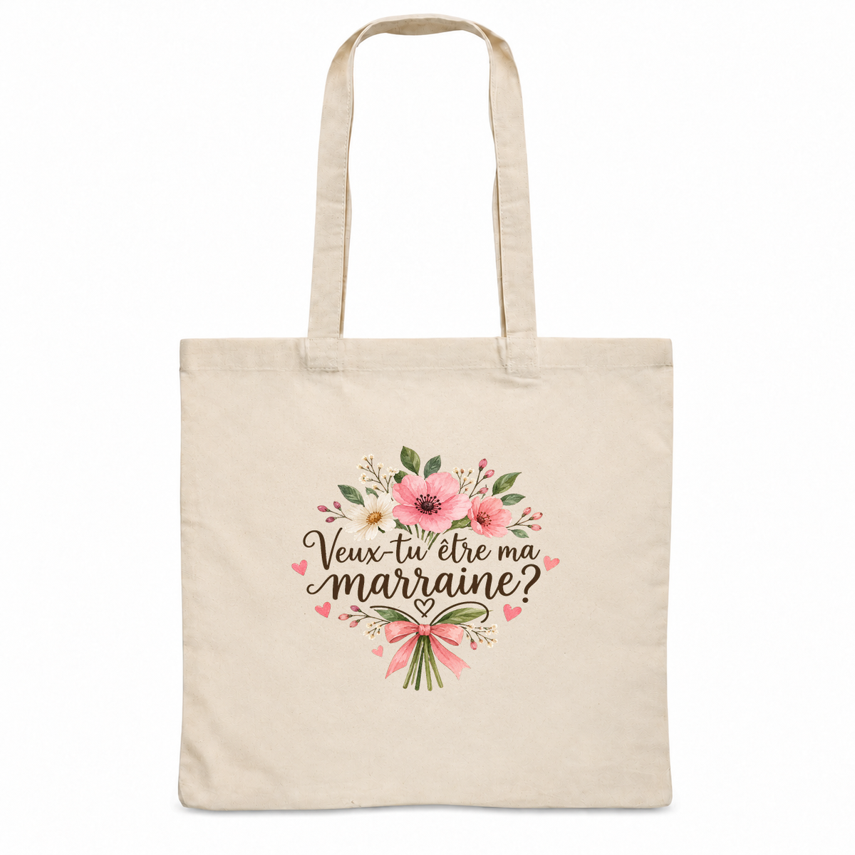 Tote bag marraine « Veux-tu être ma marraine ? » Essentiel, sac plat en coton naturel 140 g/m² de 38 × 42 cm, illustration à l'aquarelle d'un bouquet d'anémones roses noué d'un ruban rose