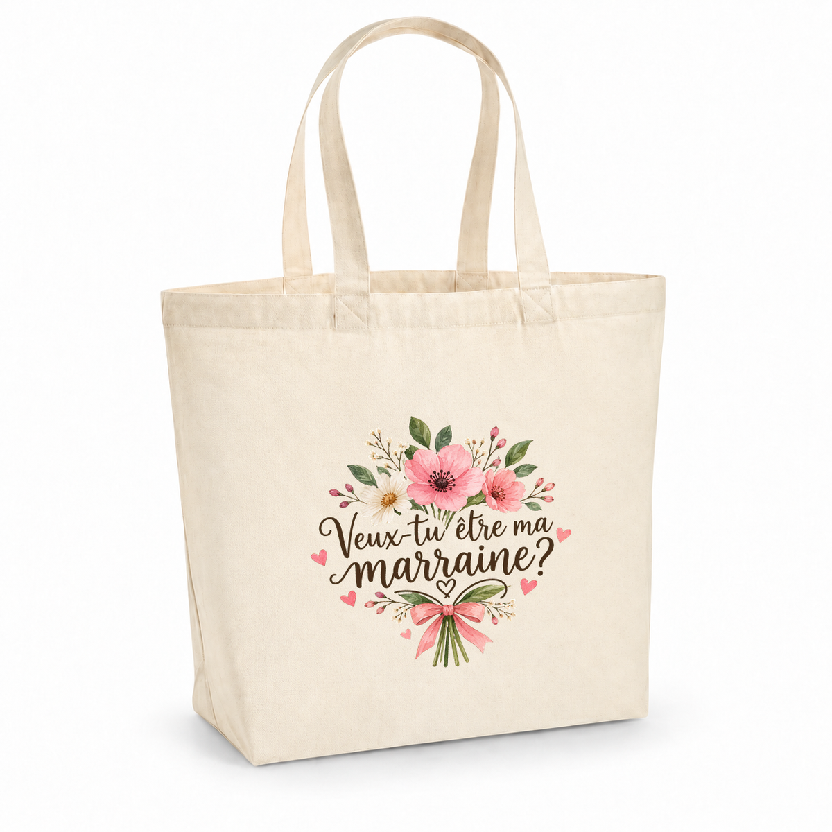Tote bag marraine « Veux-tu être ma marraine ? » Premium, cabas à soufflet en coton naturel 200 g/m² de 18 litres, illustration à l'aquarelle d'un bouquet d'anémones roses noué d'un ruban rose