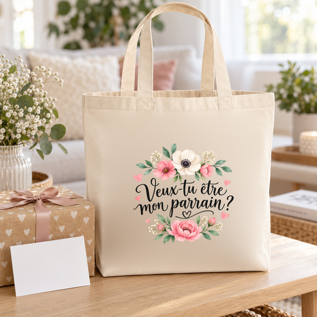Tote bag parrain « Veux-tu être mon parrain ? » Premium posé sur une table de salon, à côté d'un cadeau et d'une carte