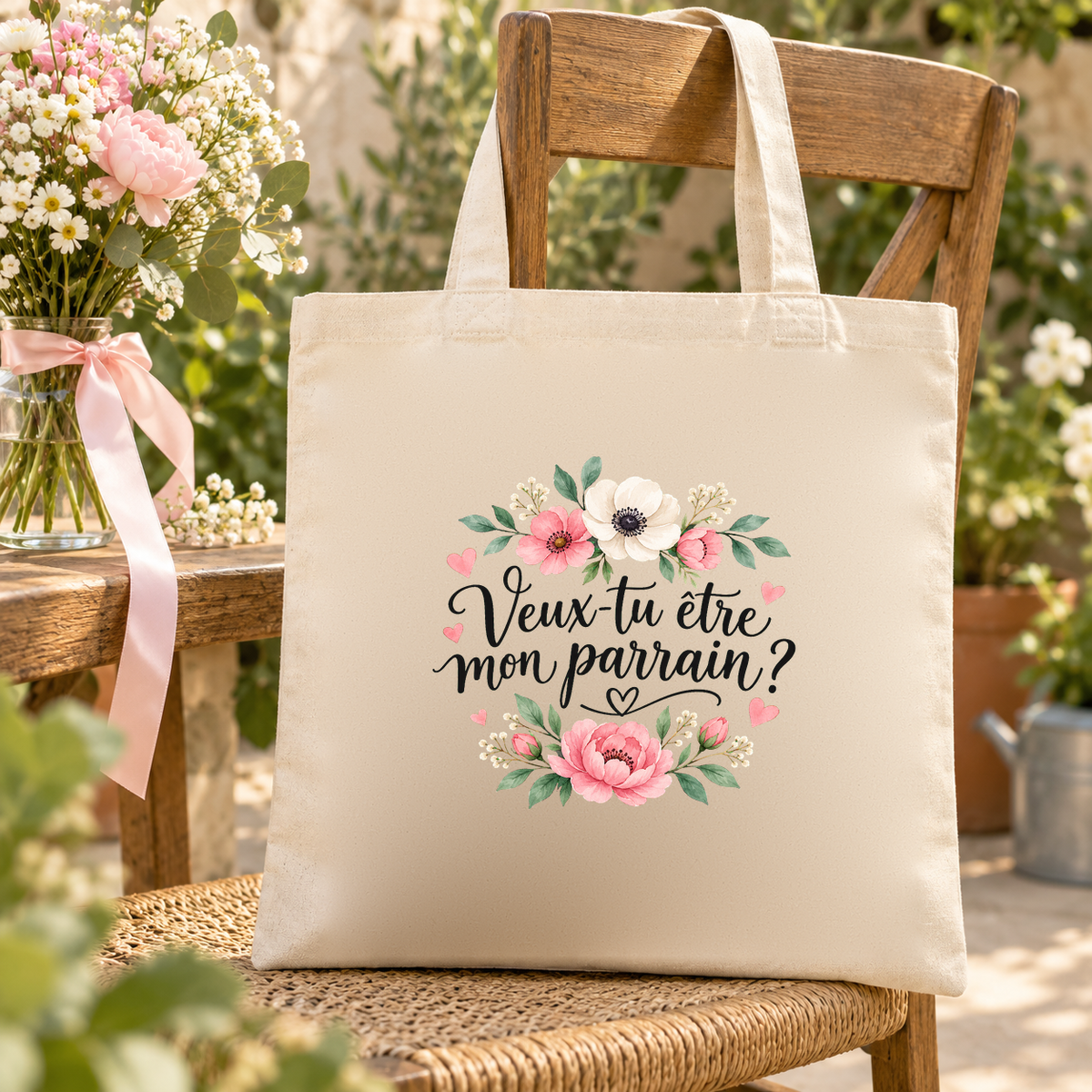 Tote bag parrain « Veux-tu être mon parrain ? » Essentiel suspendu à une chaise de jardin en bois, à côté d'un bouquet noué d'un ruban rose