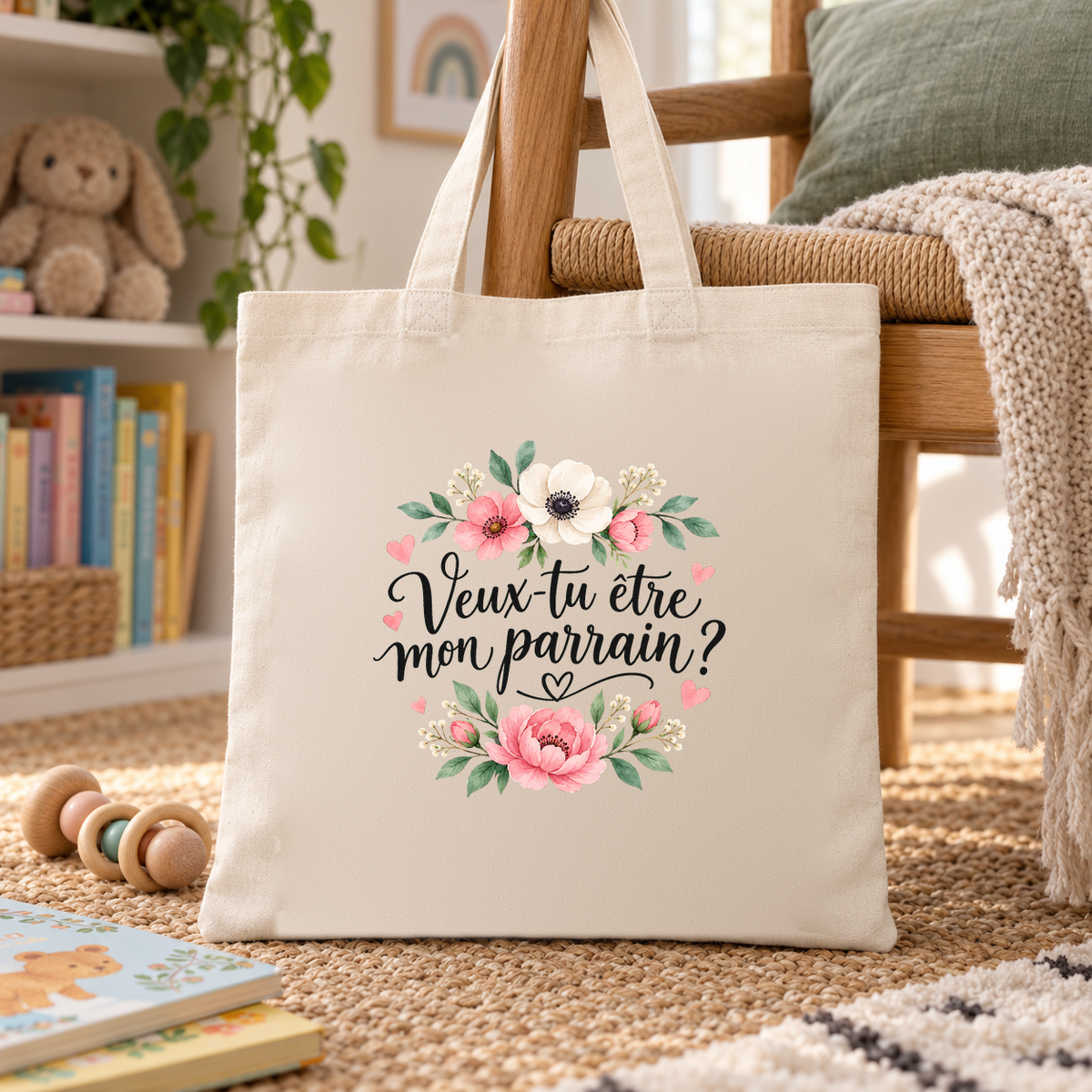 Tote bag parrain « Veux-tu être mon parrain ? » Essentiel posé contre une chaise dans un coin lecture, à côté d'un lapin en peluche et d'un hochet en bois