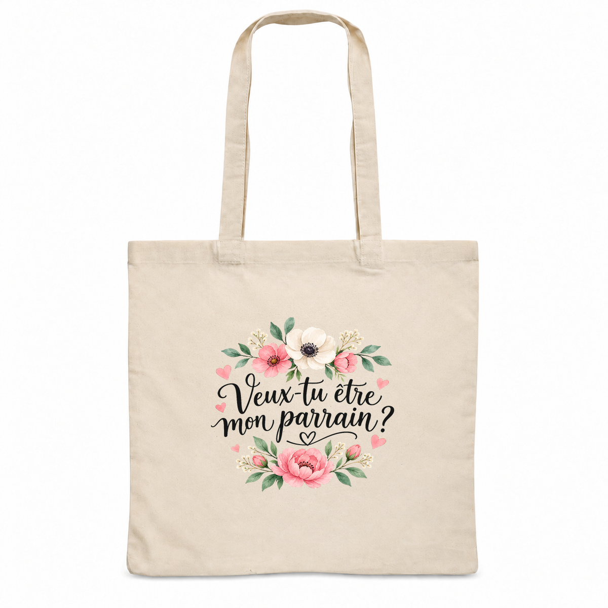 Tote bag parrain « Veux-tu être mon parrain ? » Essentiel, sac plat en coton naturel 140 g/m² de 38 × 42 cm, illustration à l'aquarelle d'anémones et de pivoines roses