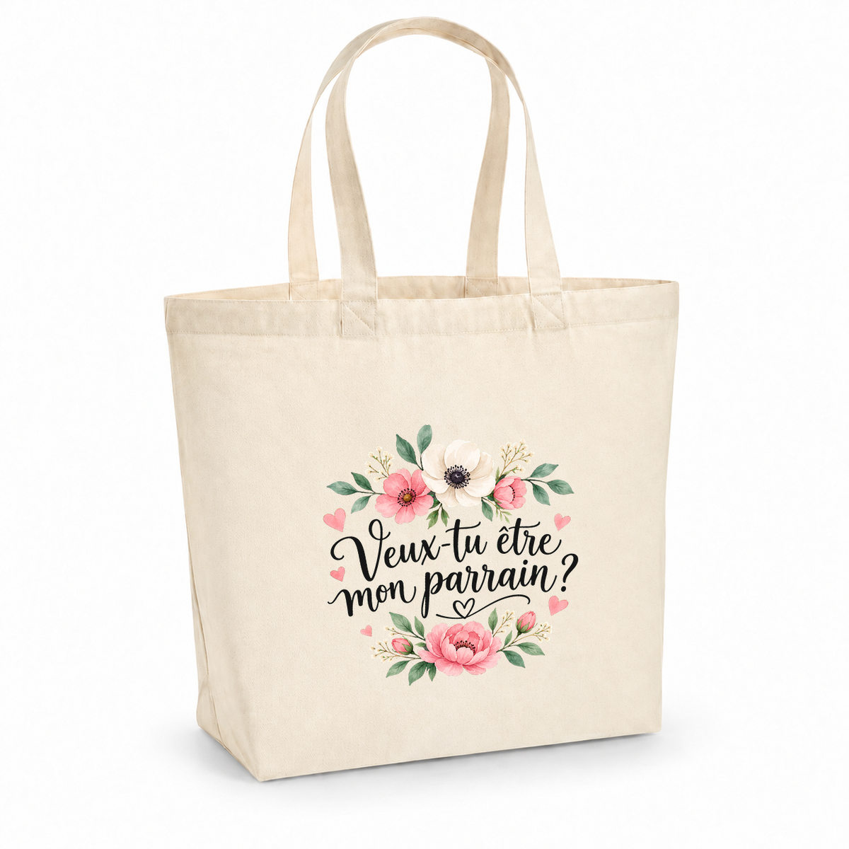 Tote bag parrain « Veux-tu être mon parrain ? » Premium, cabas à soufflet en coton naturel 200 g/m² de 18 litres, illustration à l'aquarelle d'anémones et de pivoines roses