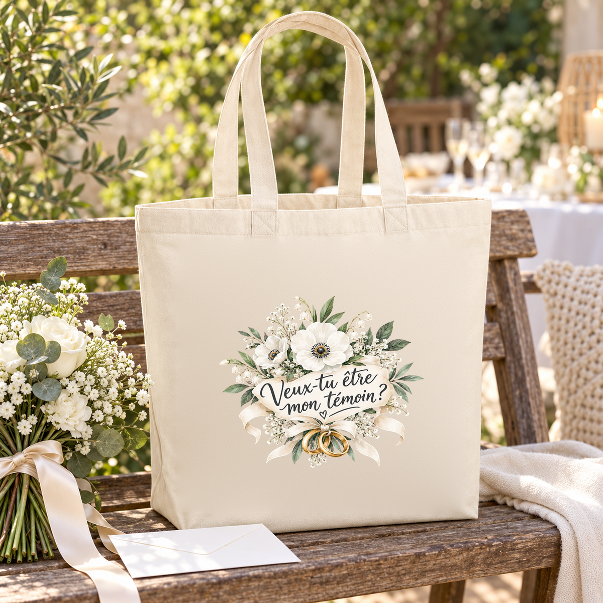 Tote bag témoin « Veux-tu être mon témoin ? » Premium posé sur une table de jardin dressée pour un mariage, à côté d'un bouquet blanc