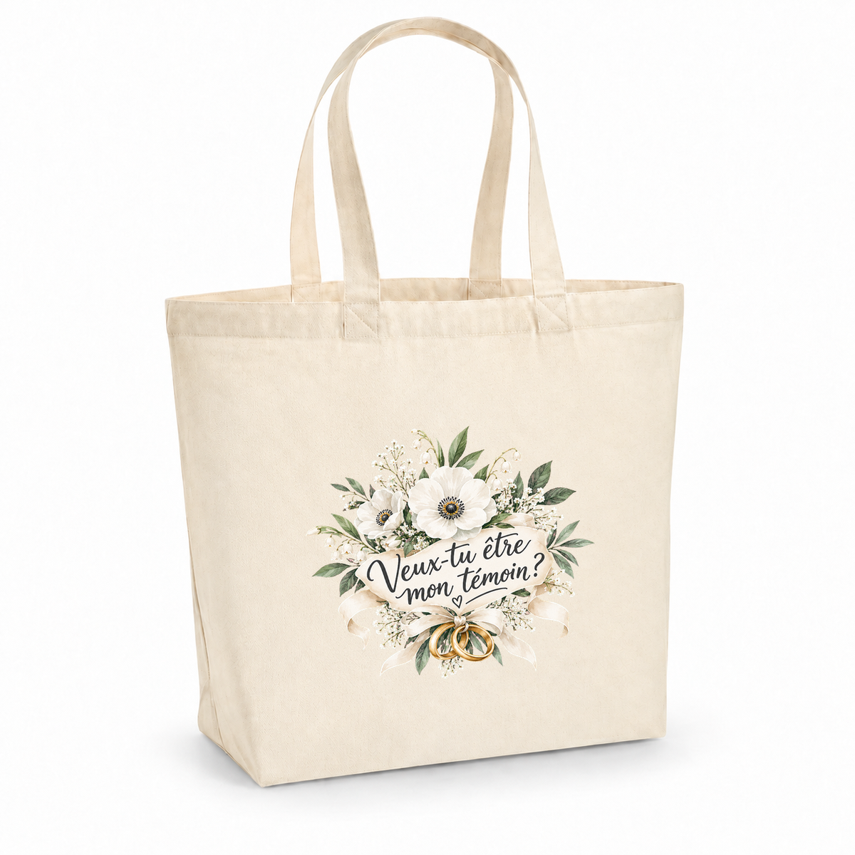 Tote bag témoin « Veux-tu être mon témoin ? » Premium, cabas à soufflet en coton naturel 200 g/m² de 18 litres, illustration à l'aquarelle d'un bouquet d'anémones blanches et de deux alliances dorées