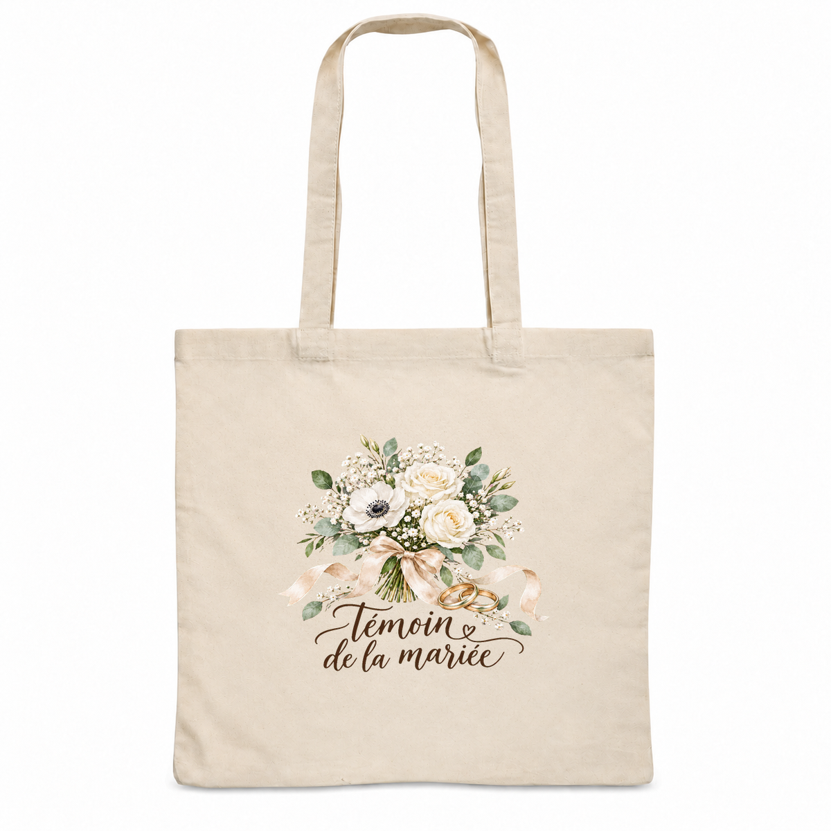 Tote bag témoin de mariage « Témoin de la mariée » Essentiel, sac plat en coton naturel 140 g/m² de 38 × 42 cm, illustration à l'aquarelle d'un bouquet de roses blanches et de deux alliances dorées